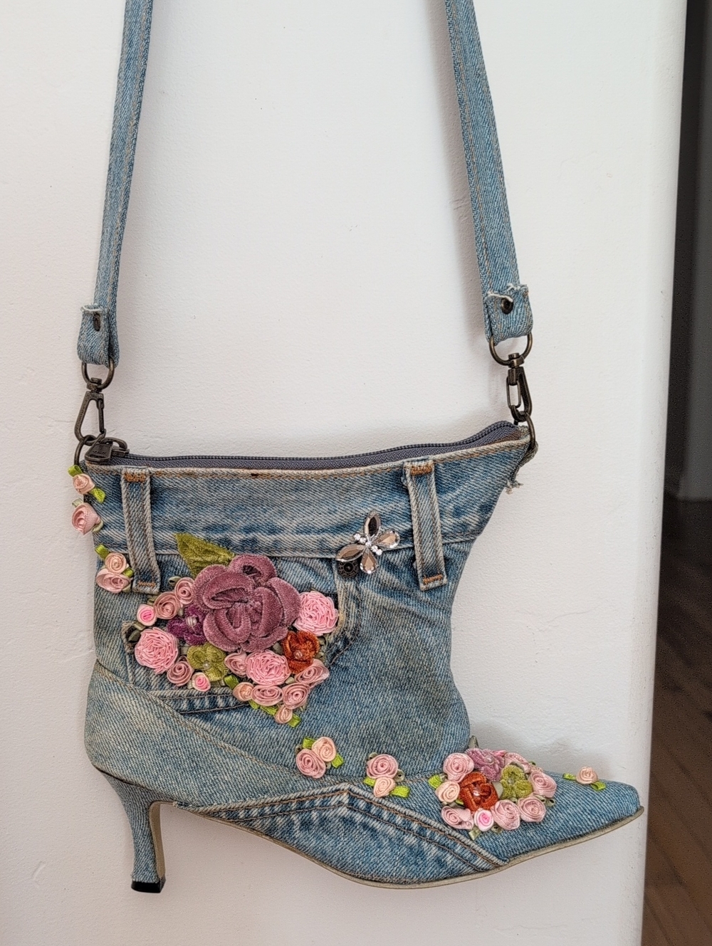 Denim Floral Embroidered Convertible Heel Bag - Pink Floral